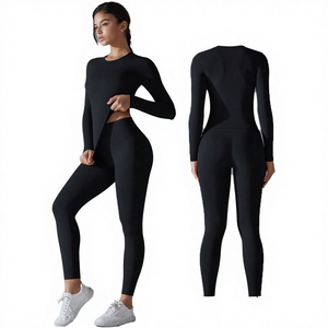 Conjuntos Deportivos de 2 Piezas, Transpirables, Sin Costuras, Top Corto de Manga Larga con Cuello Redondo y Leggings de Cintura Alta con Efecto Scrunch, para Gimnasio y Yoga - Product Image 3