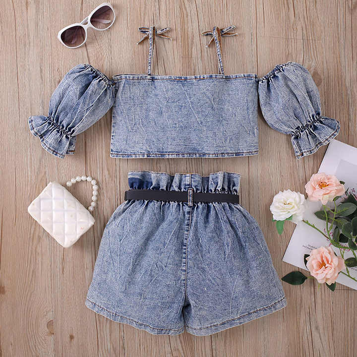 Children Summer Denim Clothes Fashion One Shoulder Two Pieces