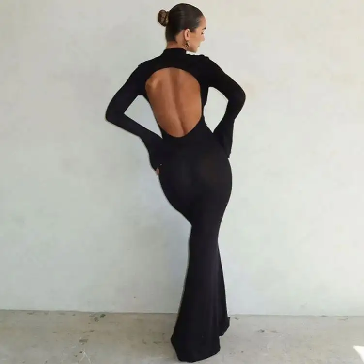 Backless Hole Lange Mouw Elegante Maxi Womenjurken Avondfeest Prom Dames Winter Dropshipping Vrijetijdskleding