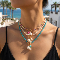 Nouveau Collier Bohème Plaqué Or avec Perles Turquoises Colorées, Coquillages et Pendentifs Étoiles – Vente en Gros Transfrontalière
