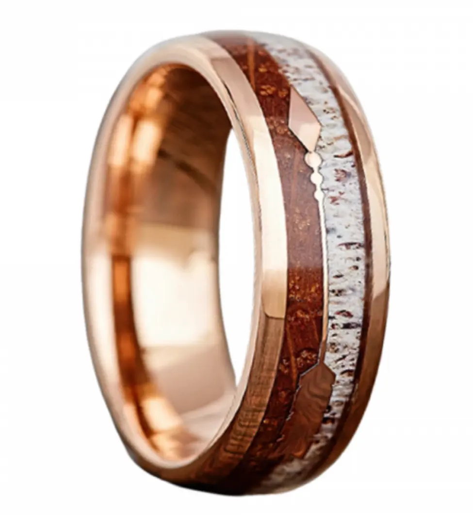 Perhiasan Fashion Cincin Pernikahan berlapis emas mawar 18k cincin Tungsten tanduk rusa dan kayu KOA Hawaii Inlay untuk wanita