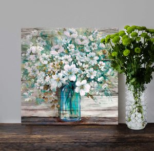 Peintures murales de cuisine décor bleu sarcelle bouteille maçon <span class=keywords><strong>fleurs</strong></span> blanches toile rustique Art mural impression salle de bain Art mural - Product Image 5
