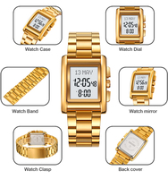 Montre musulmane carrée SKMEI 2092 avec rappel de l'heure du Hajj, direction de la Qibla, alarme et calendrier, étanche à 30 m, montre de prière islamique