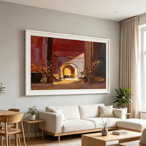 <span class=keywords><strong>Peinture</strong></span> intérieure Art Déco impasto peinte à la main, cheminée en pierre lumineuse, finition délicate en feuille d'or, tons riches de prune bordeaux et bleu - Product Image 3