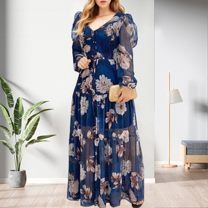 เดรสยาวพิมพ์ลายดอกไม้ชีฟองคอวีแขนสั้นเซ็กซี่แบบใหม่สำหรับผู้หญิงแฟชั่น - Product Image 3