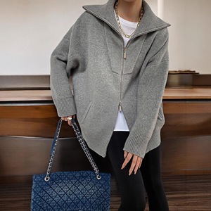 Abrigo de punto con cuello y doble cremallera para mujer, estilo nuevo de otoño/invierno, chaqueta oversize de talla grande a la moda - Product Image 2