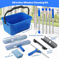 Kit de nettoyage de vitres HYRA avec seau, raclette à long manche et brosse microfibre, outil de nettoyage de vitres, 4 perches