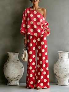 Bold Polka Dot Two Piece Outfit Off Shoulder <strong>Flowy</strong> <strong>Top</strong> &amp; Wide Leg Pants Summer Casual Wear - Product Image 5