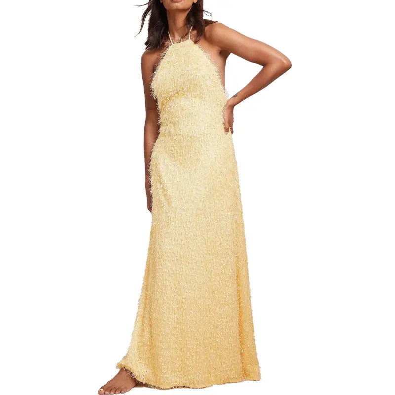 Customize Sexy Backless Occasion Dress Little Yellow Women Halter Maxi Dresses