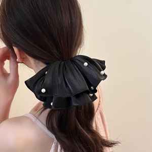 Grands chouchous pour cheveux en dentelle et perles, pour femmes, avec perles à facettes, plissés, et élastique de couleur unie - Product Image 3