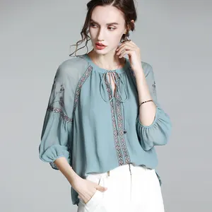 Grade 6A silk long sleeve shirt women's embroidered blouse mulberry silk ladies long sleeve tops