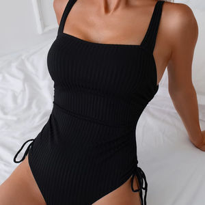 Black Ribbed Square Neck Side <b>Tie</b> One-Piece Swimsuit for Women, Wearable-as-Top <b>Slimming</b> Fashion Swimwear - Product Image 1