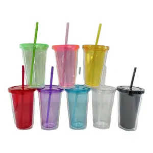 Vaso de plástico acrílico para beber en frío, libre de BPA, disponible en varios colores, 10oz, 16oz, doble pared, transparente, aislado, con tapas y pajitas