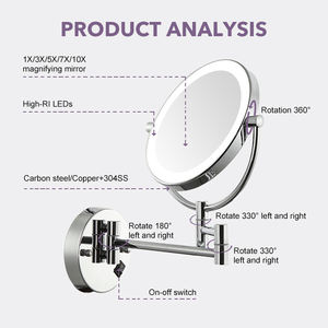 Miroir de rasage pour <span class=keywords><strong>homme</strong></span> noir de haute qualité, salle de bain, rond, grossissant, extensible, pivotant, avec lumière LED - Product Image 3