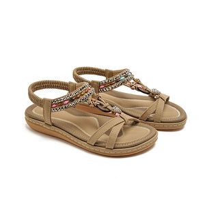Beige T-Strap Flat <b>Sandals</b> With Beaded Decoration Open Toe Slip-On Women's Summer Shoes Microfiber Leather Rubber Outsole - Product Image 1