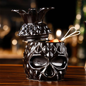 แก้วมักลายสับปะรดสไตล์ฮาวาย,แก้วลายหัวกะโหลก Tiki ปลาหมึกสีดำพร้อมฝาปิดแก้วเซรามิก Tiki สำหรับบาร์ - Product Image 6
