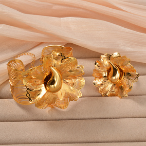 textured open cuff prominent floral ornament bulk wholesale copper made 18k gold plated fine women <b>bangle</b> bracelet ring <b>set</b> - Product Image 1