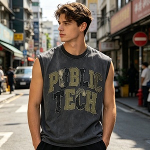 OEM Bulk Order Custom Applique Embroidery Oversized Sleeveless Singlet T-Shirt Street Style High-End Acid <b>Wash</b> Armhole Tank Top - Product Image 3