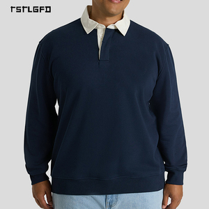 Mens Navy Blue Polo T-Shirt Plus Size Long Sleeve Pure Cotton <b>Drop</b> Shoulder Rugby Style Gots Certified Oem Custom Private Label - Product Image 1
