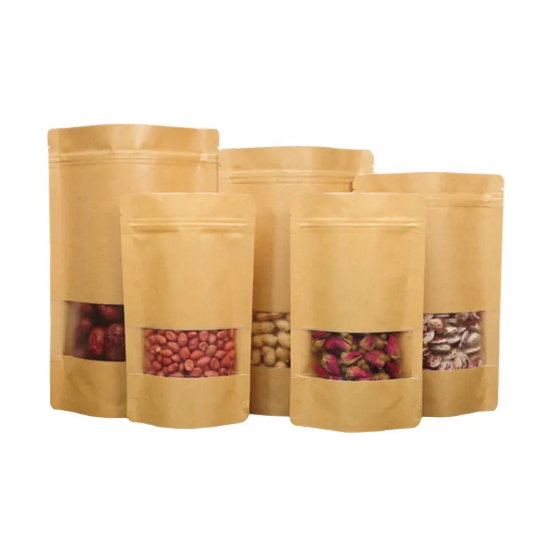 Подгонянные биоразлагаемые переработанные стоечные пакеты с полупрозрачным окошком, упаковка для сухих пищевых продуктов, коричневые пакеты из крафт-бумаги