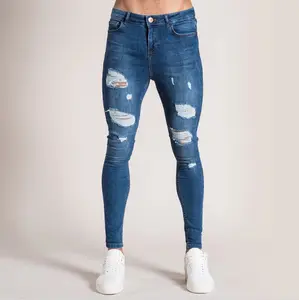 Custom Taps Toelopende Stretch Distressed Gescheurd Skinny Damage White Black Denim Heren Jeans Broek Broek Voor Heren