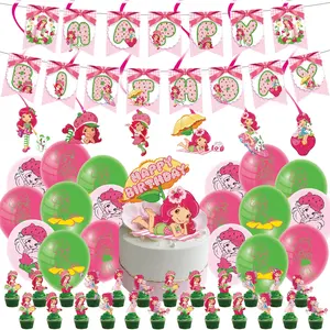 Fraise filles thème joyeux anniversaire scène décoration anniversaire ballon ensemble gâteau Topper joyeux anniversaire bannière à vendre