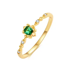 YINSAKI 925 Sterling Silver 14K 18K Gold Plated Green Stone Ring Silver Emerald Zircon Ring Stacking Ring