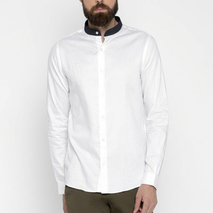 เสื้อเชิ้ตแขนยาวลายขาวสำหรับผู้ชาย คอจีน ผ้าฝ้ายป๊อปลิน 100% ระบายอากาศได้ดี ป้องกันการเป็นขุย ป้องกันการหดตัว ย้อมเส้นด้าย - Product Image 1