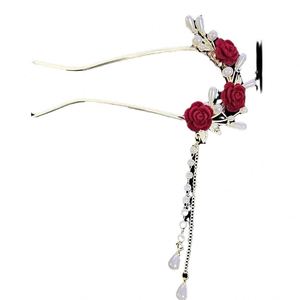 Bâtonnet à cheveux chinois en U pour femme, avec fleur rouge et pompon, épingle à chignon ancienne, fourchettes à cheveux, baguettes, strass, bijou de cheveux Hanfu - Product Image 6