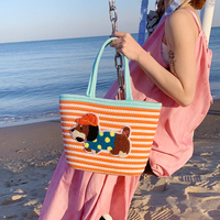 Sac fourre-tout de grande capacité pour femmes ouvert dessin animé chien motif mignon chiot coton cordon sac de plage tissé à la main accessoire pour dames