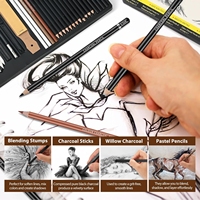 Ensemble de crayons à dessin professionnels, graphite, fusain, kit d'art de dessin, crayons à dessin en boîte avec bâtonnets, gommes, taille-crayon