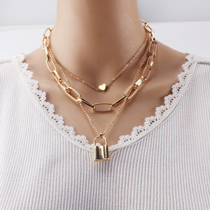 Collar de oro en capas con cierre y colgante de corazón, cadena gruesa, joyería para suéter para mujer, diseño geométrico de múltiples capas - Product Image 1