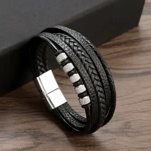 Newest Multi Layer Leather Round Bead Magnet Buckle Bracelet Black Hide Rope Stainless Steel Bead Magnetic Suction Bracelet