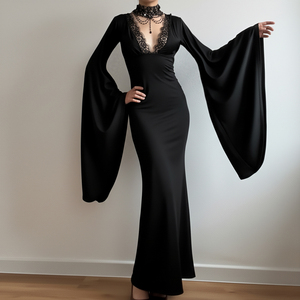 เดรสยาวทรงเมอร์เมด คอวี แขนทรงปีกค้างคาว แต่งลูกปัด ดีไซน์โกธิคสีเข้ม สวยสง่าสำหรับผู้หญิง - Product Image 4