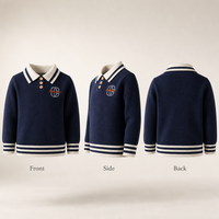 Suéter de Punto con Cuello Polo para Niños, Estilo Universitario, Cuello Camisero, Color Azul Marino, Edades 2-8, Personalizado OEM