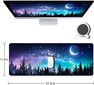 Alfombrilla de ratón para juegos, alfombrilla de escritorio con bordes cosidos, base de goma antideslizante, diseño impermeable de cielo estrellado con luna, 31,5x11,8 pulgadas - Product Image 2