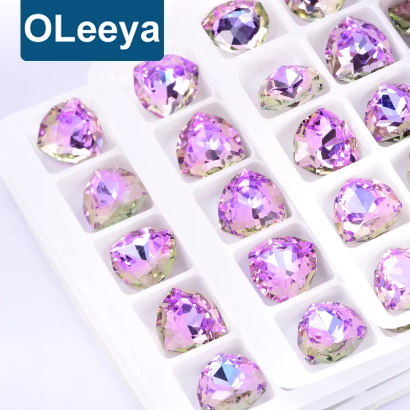 OLeeya Foil Kembali Kristal Warna-warni Batu Permata Biru Ungu Cahaya 12Mm Segitiga Lemak K9 Kaca Pointback Berlian Imitasi untuk Gaun Pengantin