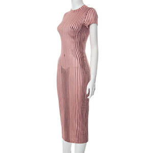 Loveda Venta caliente Vertical Stripe Print Mujeres Midi Vestidos <span class=keywords><strong>O</strong></span> Cuello Manga corta Bodycon Causal Vestido para damas - Product Image 6