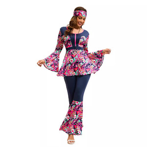 Women 70s Retro Hippie Disco <b>Dance</b> Costume Bohemian Flared Sleeve Skirt Outfit High Waist Breathable Party Jumpsuit - Product Image 5