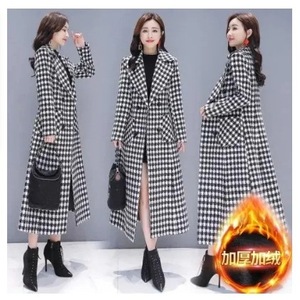 Women's Long Plaid Wool Coat Thickened Slim Fit Elegant Houndstooth Fashion Winter Outerwear - Product Image 4
