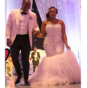 Vestido de Novia Blanco con Hombros Descubiertos y Tirantes Finos 2024, de Encaje y Tul con Cuentas, Cola de Corte, Sin Espalda, Robe De Sérée - Product Image 1