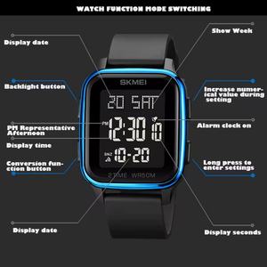 Montre-bracelet numérique de sport de luxe noire pour hommes et femmes, boîtier carré avec fonction lumineuse, accessoire de mode multifonctionnel - Product Image 6