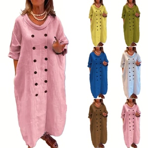 Nuovo Abito da Donna in Lino a Maniche Lunghe con Collo Rotondo, Vestibilità Ampia, Tinta Unita, Stile Artistico, Casual, con Bottoni, per Vacanze - Product Image 1