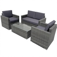 4-teiliges Garten-Sofa-Set Grau PE-Rattan Outdoor-Möbel Zweisitzer 2 Sessel und Glas-Couchtisch mit Kissen