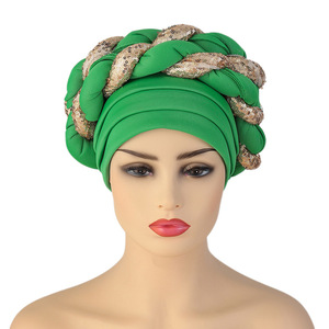 Gorro <span class=keywords><strong>de</strong></span> turbante trenzado musulmán, pañuelos para mujer, sombrero <span class=keywords><strong>de</strong></span> turbante para mujer, pañuelo para la cabeza femenino, turbante africano con lentejuelas - Product Image 1