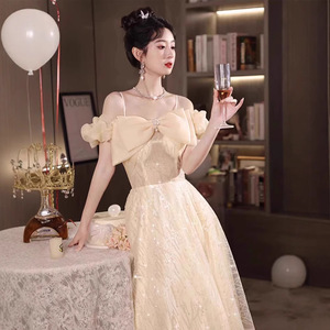 Champagne Evening Gown Empire Waist Halter Neckline <b>Large</b> <b>Bow</b> 3D Pattern Coming Of Age Ceremony Dress - Product Image 3