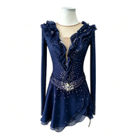 Robe de patinage artistique bleu marine à volants, jupe en mousseline de soie dos nu ornée de strass, costume de performance à manches longues pour compétition, personnalisable OEM