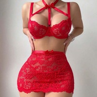 Set Halter Renda Bunga Seksi dengan Pita, Stoking Jala Wanita, Tali Spaghetti, Fashion Menggoda, Terkoordinasi