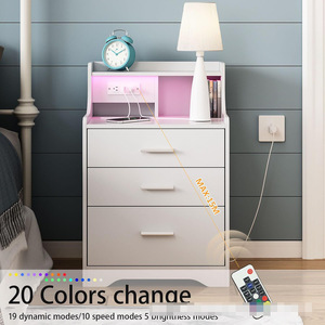 Mesa <span class=keywords><strong>de</strong></span> <span class=keywords><strong>Noche</strong></span> Moderna con 3 Cajones, Luz LED y Estación <span class=keywords><strong>de</strong></span> Carga, con Estante Abierto para Dormitorio, Habitación Pequeña o Espacio Reducido - Product Image 3