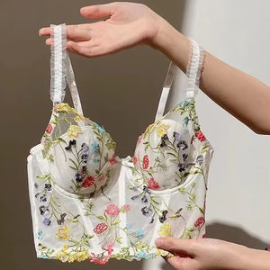 Français Sexy <span class=keywords><strong>fleur</strong></span> broderie dentelle maille dame sous-vêtements Ultra-mince <span class=keywords><strong>petite</strong></span> poitrine convergent <span class=keywords><strong>soutien</strong></span>-<span class=keywords><strong>gorge</strong></span> pour femmes - Product Image 1
